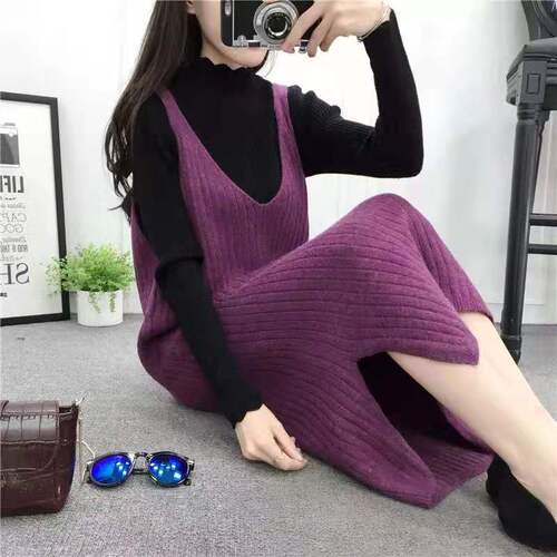 Korean Loose Hooded Sleeveless V-neck Medium-length Knit Cardigan Sweater Tank Top Belted Dress Women