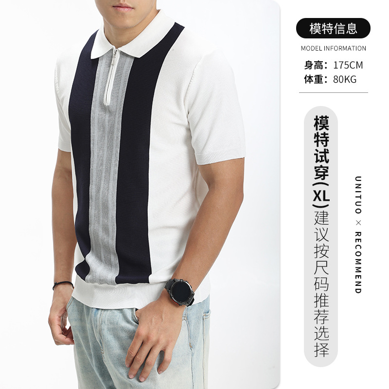 Europa y Estados Unidos transfronterizos hombre medio cremallera rayas polo camiseta de punto de verano con solapa de mangas cortas ropa de hombre de alta calidad casual hombre
