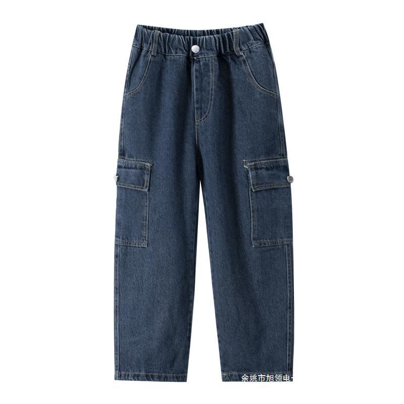 트렌디 브랜드 남성 빅 어린이 스트레이트 툴링 와이드 레그 청바지 가을 2024 새로운 어린이 겨울 기모 느슨한 바지