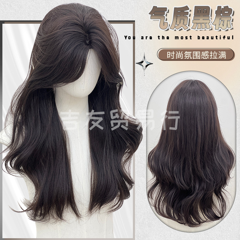 Jiyou trade line wig black brown daily horoscope bangs women's full head cover big wave curly hair wholesale cross-border