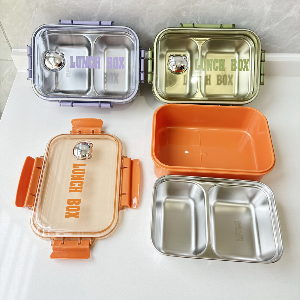 Leichte, luxuriöse Lunchbox aus Edelstahl 304 mit zwei Fächern, isolierte Lunchbox für Studenten und Büroangestellte in Lebensmittelqualität_voghion.com