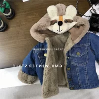 Зимняя джинсовая куртка с мультяшным принтом для мальчиков и девочек, новая детская одежда для малышей, флисовая подкладка, детские зимние топы, экспорт
