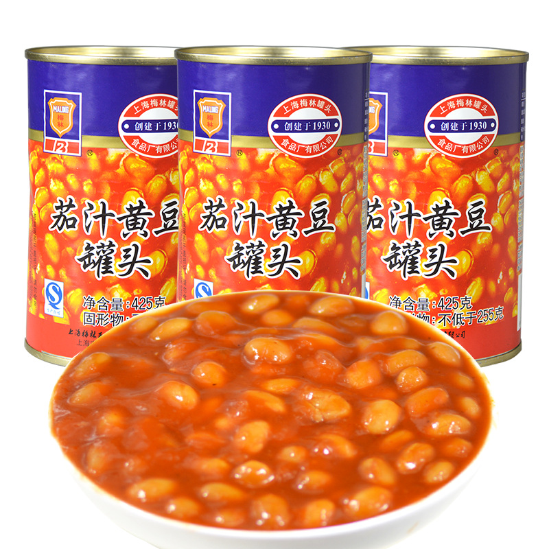 Shanghai Meilin canned tomato sauce and soybeans 425g/can with pull tab ready-to-eat canned braised tomatoes and soybeans with tomato sauce