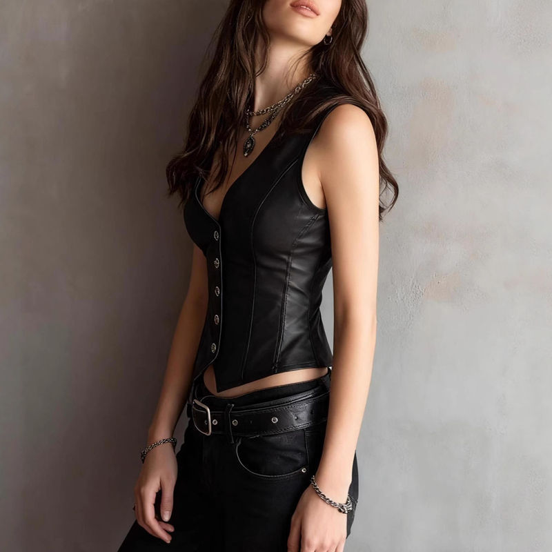 Video 2026 Autumn/Winter Women's Black Pu Leather Button down Jacket with down Filling and V-Neck Sleeveless Design / Slim Fit