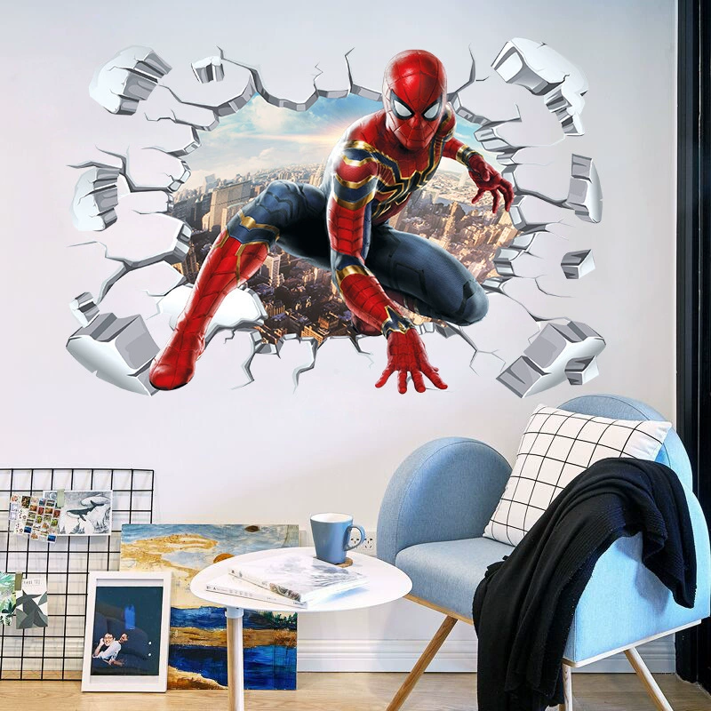 Веселый мультфильм стерео сквозь стену Человек-паук водонепроницаемая настенная наклейка на гостиную декоративный фон настенная наклейка удаляемая