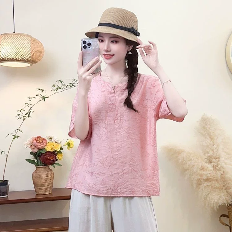 Пуловер с круглым вырезом, футболка с короткими рукавами, женская летняя одежда, новый стиль 2025 года, модная маленькая рубашка для мам среднего и пожилого возраста, свободный топ