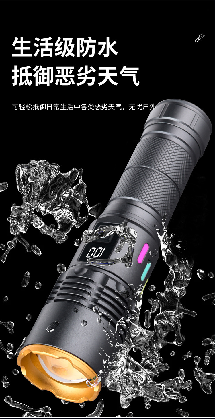 White Laser Zoom Long-Range Strong Light Flashlight with Display Screen, Rechargeable, Ultra-Bright, Large Floodlight, Fill Light for Outdoor Photography