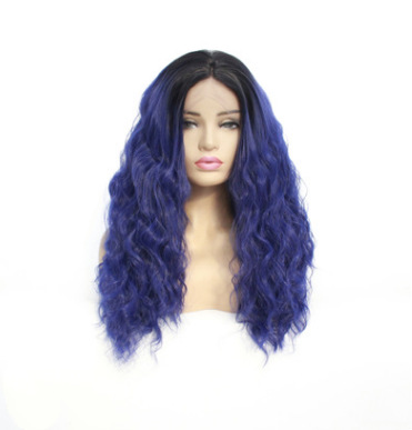 Peruca de cabello de mujer color azul gran onda fibra química rizos de cabello de encaje frente a la peluca fabricantes al por mayor LW0030