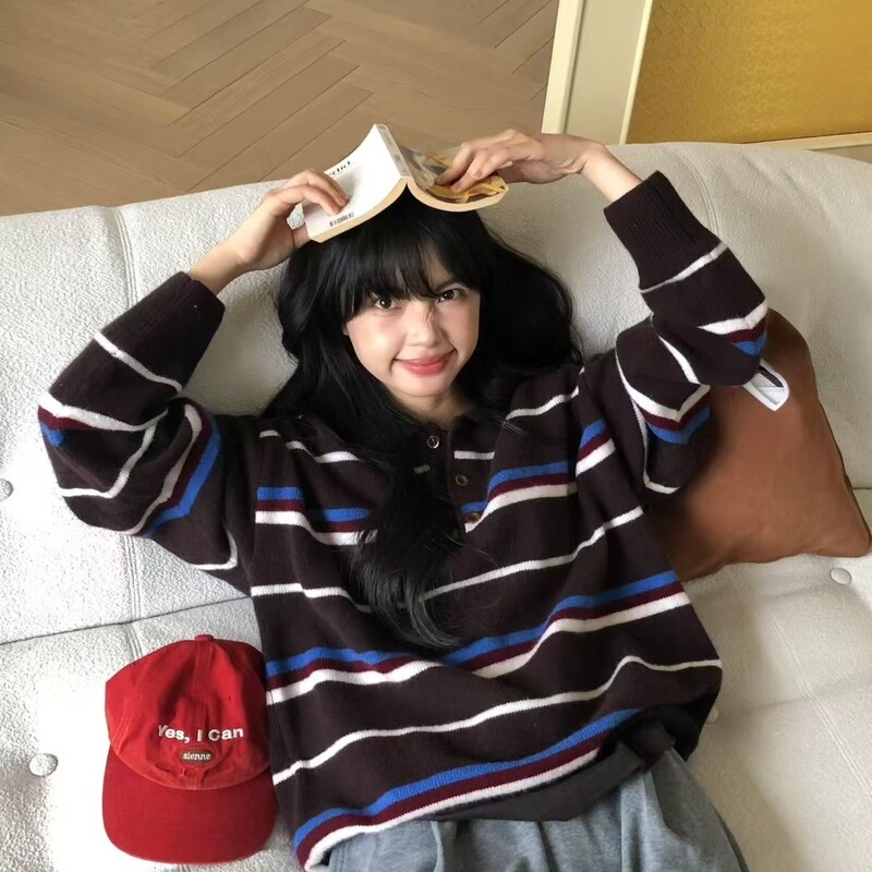 Xiaoji Pot College Diary Polo Collar 2025 Autumn and Winter New Korean Style Loose Round Neck Knitted Cardigan Women's Sweater