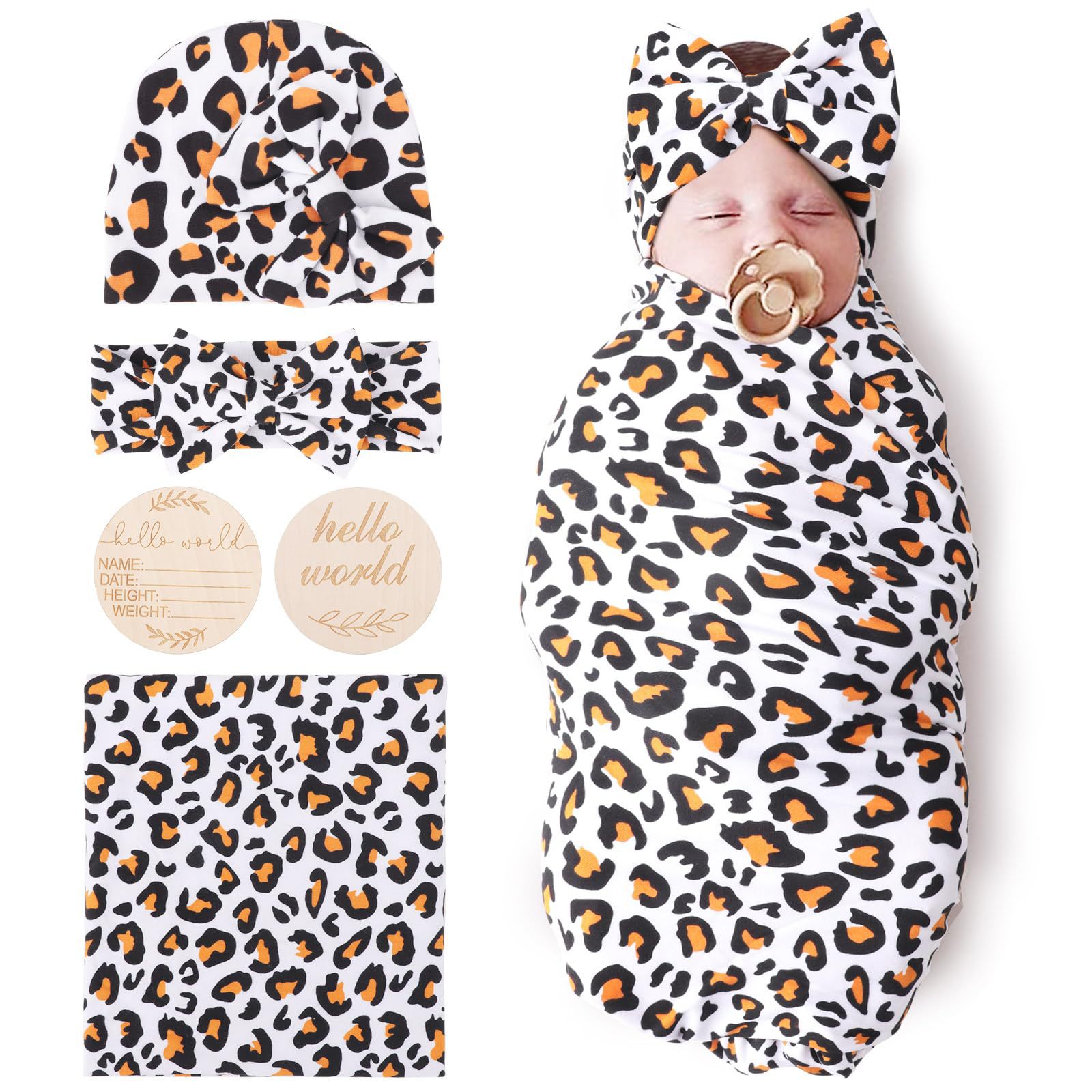 Cross-Border Baby Swaddle Blanket Five-Piece Set Ins Printed Swaddle Wrap Newborn High Elastic Headband Fetal Cap Set