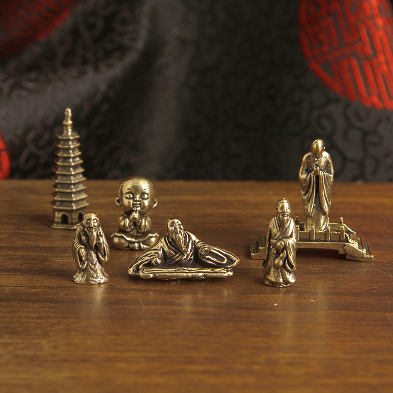 Brass Fishing Scene with Fisherman, Jiang Taigong, and Monk on a Small Bridge, Artificial Micro-Landscape Copper Ornament, Miniature Fish Tank Decoration