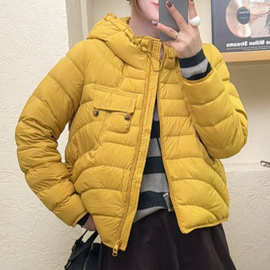 韩版白鸭绒连帽羽绒服女2025冬季新款宽松大码拼接短款外套