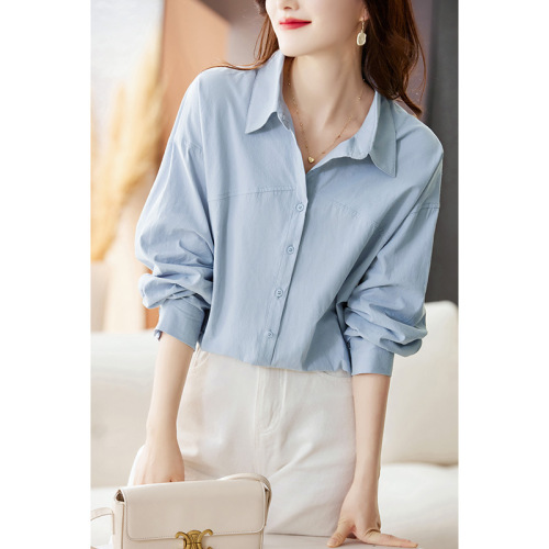 Women's Long-Sleeve Spring Loose Casual Medium-Length Blue Pure Cotton Shirt Blouse