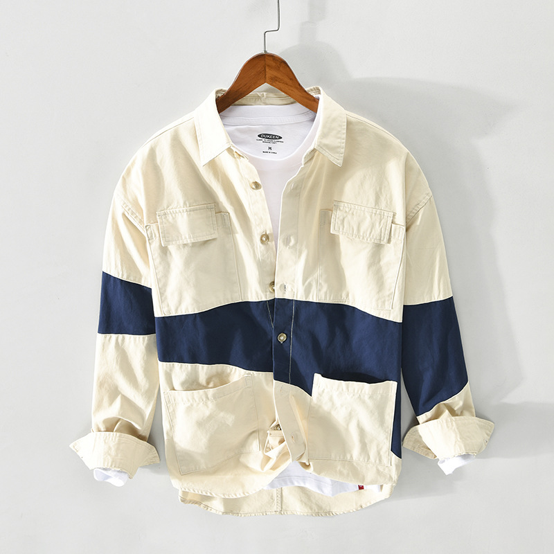 Z122 Spring/Summer New Men's Casual Long Sleeve Patchwork Cotton Shirt Jacket Wholesale