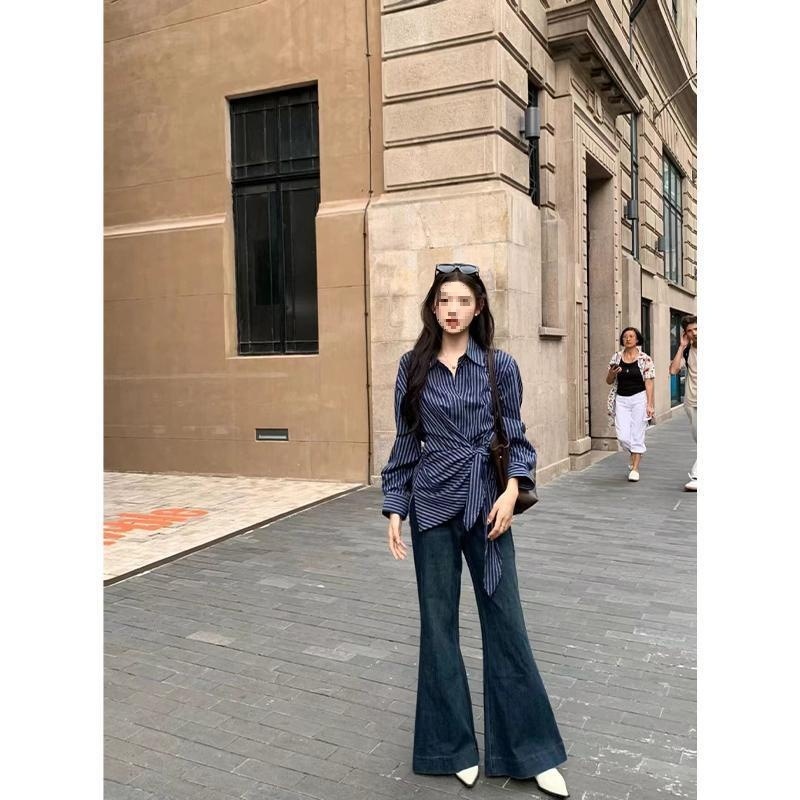 设计感小众不规则条纹衬衫女早秋季韩系修身显瘦收腰系带长袖衬衣|undefined