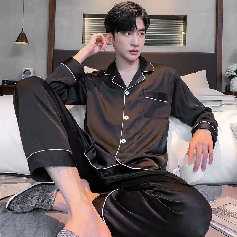 Ice Silk Pajamas Men's Spring, Autum and Summer Long-Sleeved Thin Simulated Silk Four-Season Home Clothes 2025 New Style