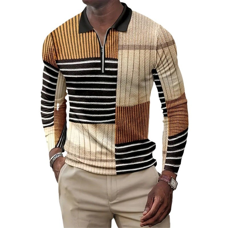 Abstracto geométrico contraste raya 3D estampado hombre calle suelta solapa primavera y otoño cremallera de manga larga camisa POLO
