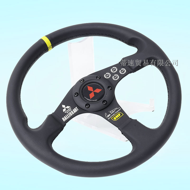 Cross-Border Hot-Selling Product: Universal Car Modification 14inch Omp Genuine Leather Steering Wheel, Jdm Racing Competitive Steering Wheel Flat Model