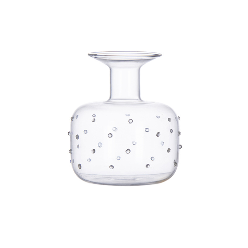 Jarrón pequeño de cristal transparente con puntos de seda tridimensionales, adorno para arreglos florales en la sala de estar, flores frescas, hidropónico, estilo francés de lujo ligero.