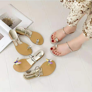 Pigeon Egg Sandals for Women 2024 Summer New Style Rhinestone Flip-Flops with Increased Height One-Word Butterfly Flip-Flops for Outer Wear