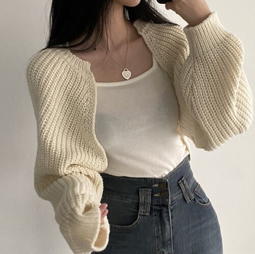 Small Size Lazy Chic French Minority Style Lantern Sleeve Knitted Shawl Short Sweater Women's Open Top Fashion