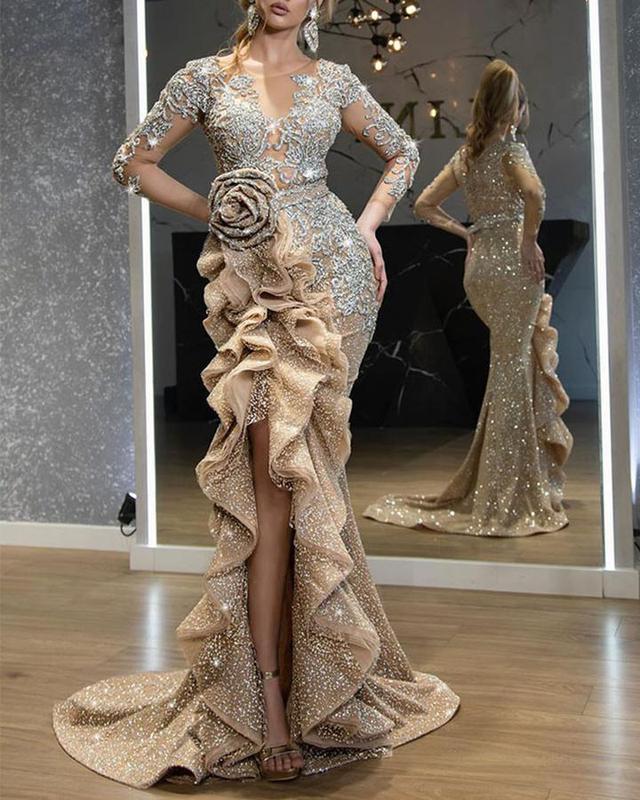 Women singers stage performance mermaid trailing dresses Sexy bling gold long-sleeved banquet evening dress tail skirt