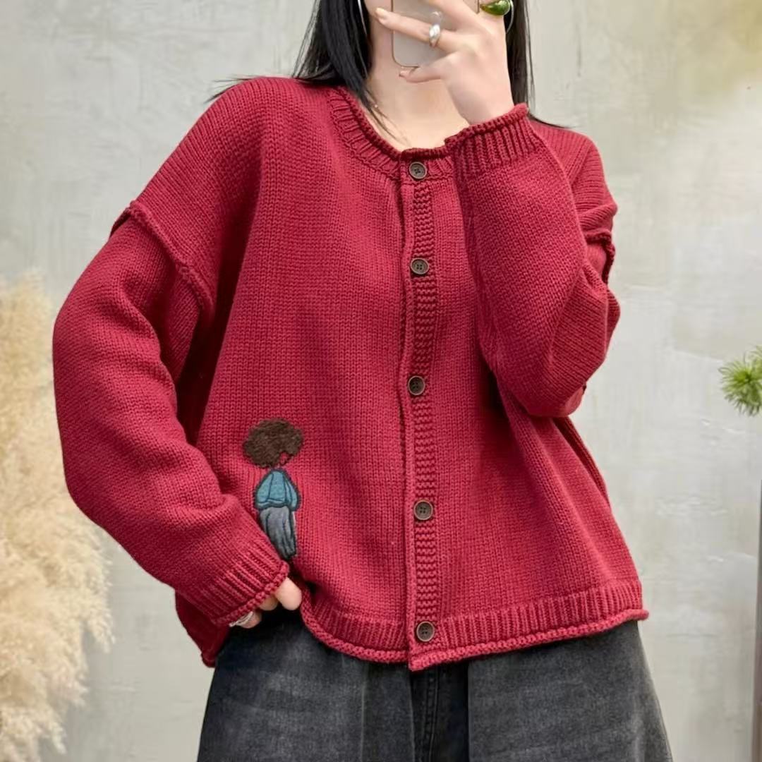 2025 spring new patch little man cotton knitted cardigan coat women's loose slim retro casual top
