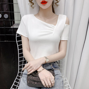 Short-sleeved T-shirt Women's 2025 Summer New Design Niche Top Irregular Oblique Collar Shoulder Slim-fit T-shirt