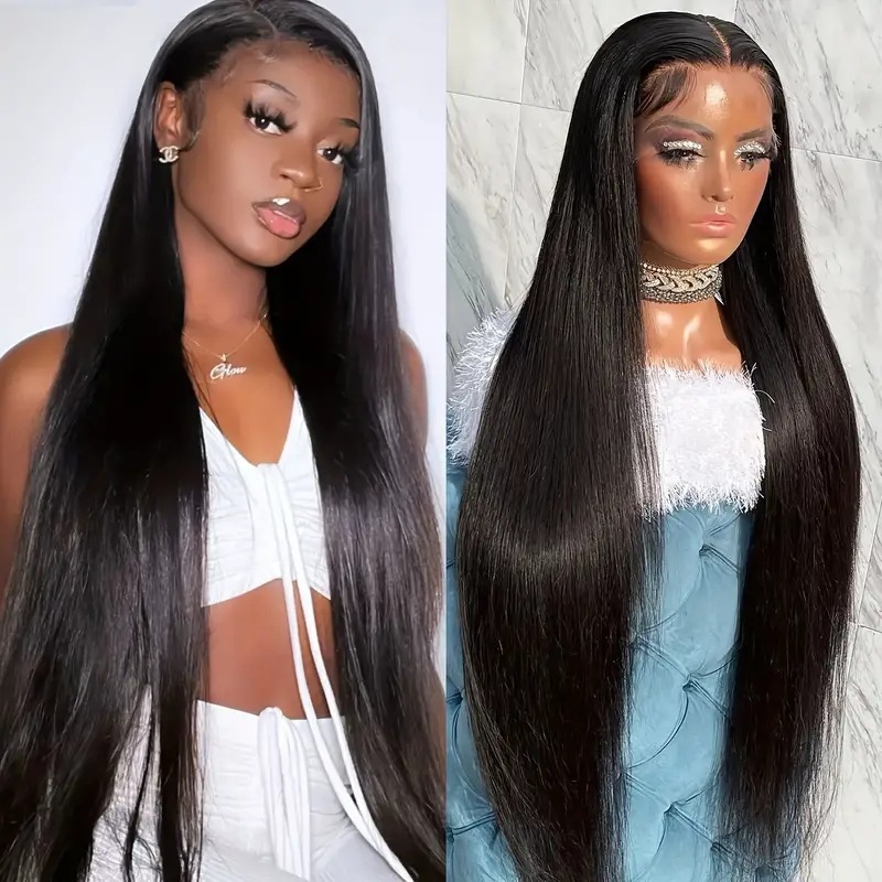 Peruca de cabelo liso estilo europeu-americano com frente de renda, longa e com repartição central, em cabelo sintético._voghion.com