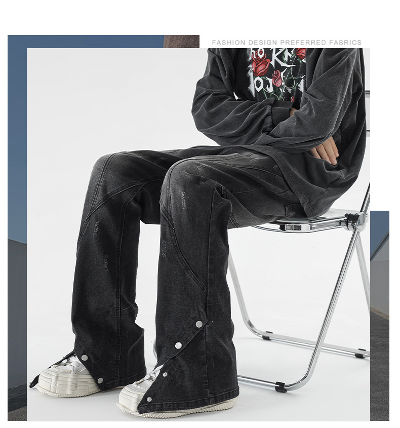 Description Picture 4 of itemHot sell hiphop high street jeans men's ankle buckle split open ruffled handsome American slim and slightly flared long pants