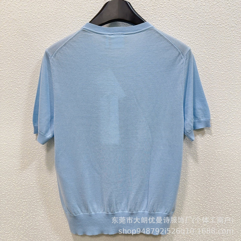 Nanyou High-End 26Ss Girly Style Lace Mirror Hollow Bow Embroidery Round Neck Knitted Short Sleeve T-Shirt Top