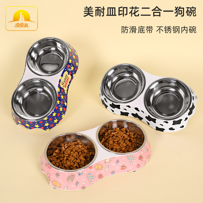 En stock al por mayor de acero inoxidable Impresión de melamina PET doble tazón de acero inoxidable dos en uno Pet Bowl perro tazón de fuente de comida