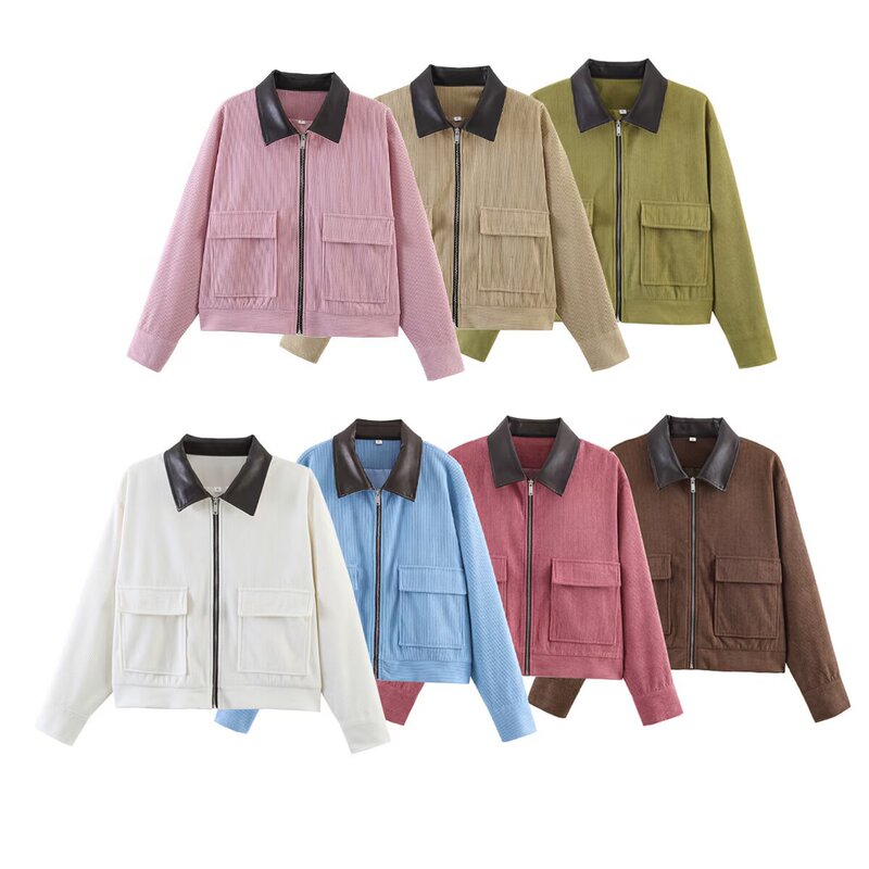 Taop&Za Women's 2026 Summer New Trendy Fashion Corduroy Patchwork Leather Collar Jacket Long-Sleeved Outwear