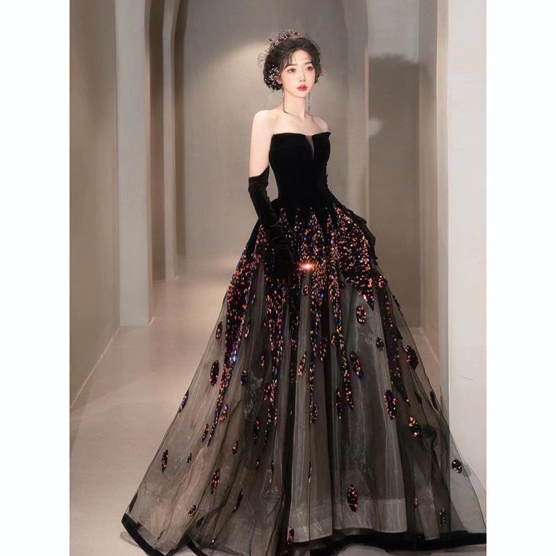 Strapless Evening Dress Long Dress Women's High-end Feeling Banquet Light Luxury Socialite High-end Host Vocal Art Test Black Trailing