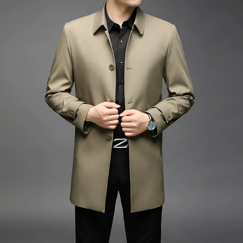 2023 Весна и осень Новая Мужская ветровка с лацканами средней длины, Мужская простая повседневная куртка больших размеров с лацканами и длинными рукавами