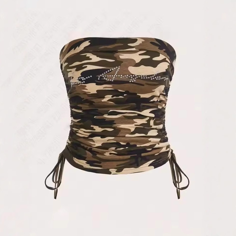 2025 New Fashion Camouflage Casual Women's Summer Temperament Slim American Camouflage Lace Tube Top Wholesale Top