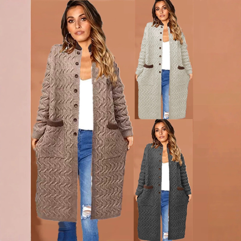 Cross-Border Export Amazon Autumn and Winter 2025 New Long Twist Sweater Women's Pure Color Button Pocket Cardigan Jacket