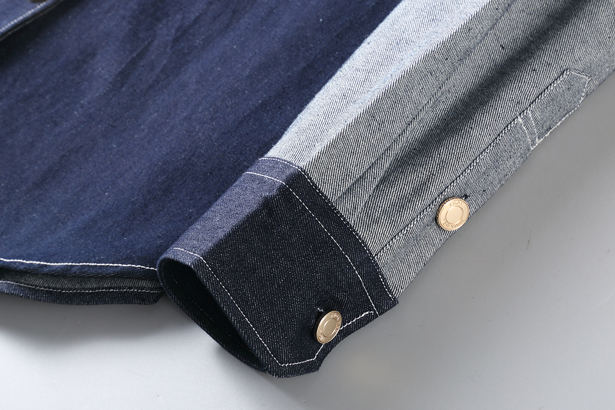 Vintage Wide-fit Patchwork Denim Shirt For Men Double Sleeve Ribbon_voghion.com