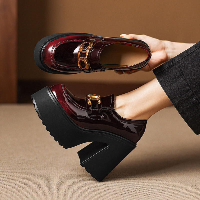 Metal Buckle Round-Toe Shiny Leather Thick-Soled Loafers 12cm Ultra-High Heels Waterproof Platform Chunky Heel Deep-Cut Single Shoes Metal Buckle Round-Toe Shiny Leather Thick-Soled Loafers 12cm Ultra-High Heels Waterproof Platform Chunky Heel Deep-Cut Single Shoes