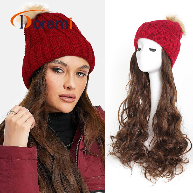 ladies knitted hat wool ball hat wig chemical fiber 45cm plus velvet winter wool hat hat wig_voghion.com