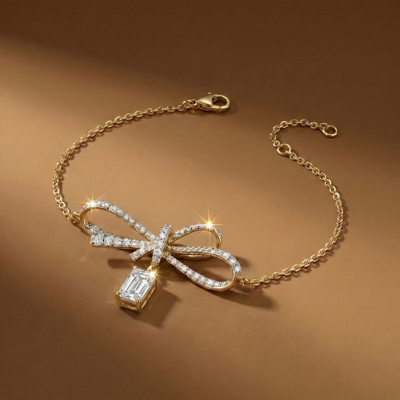 18K Gold Bracelet with 1 Carat Emerald and Lab-Grown Diamond, Light Luxury Bowknot Bracelet for Women, Custom 14K Gold