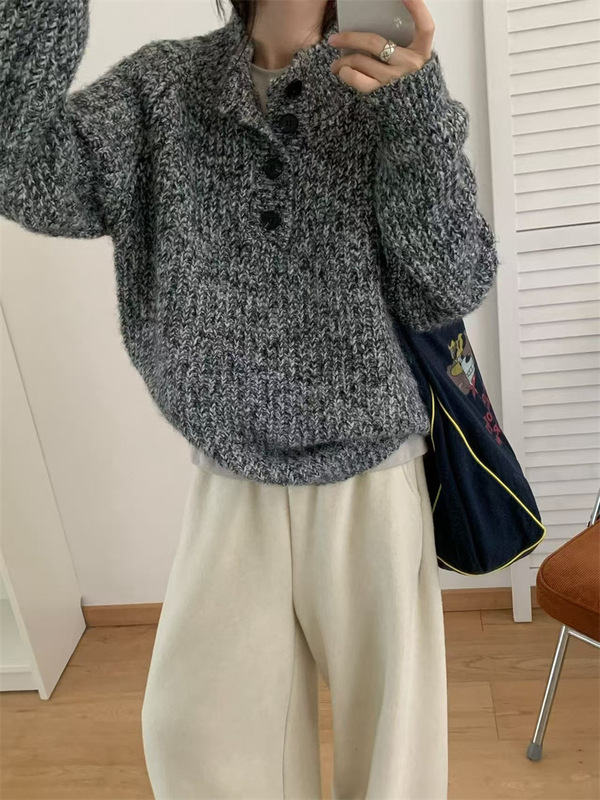 韩系软糯半开领毛衣女2025新款秋冬休闲宽松慵懒花风纱针织上衣潮|undefined