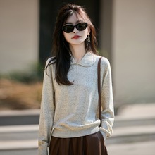 25年秋冬新款羊毛亚麻翻领针织衫长袖女点子纱套头宽松打底衫上衣