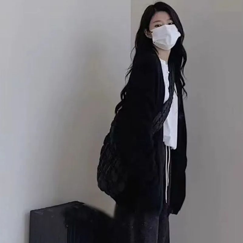 レイジースタイル無地Vネックセーターカーディガンジャケット女性用春秋新作ハイエンドルーズニットトップアウター|undefined