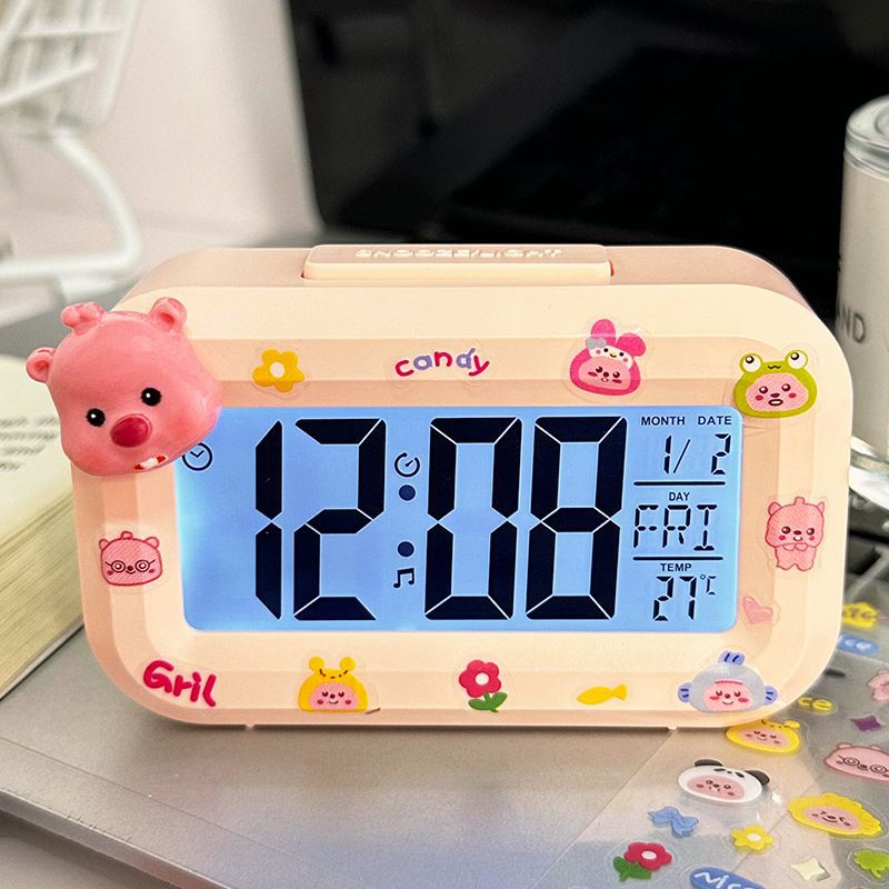 Đồng hồ báo thức màu hồng [Phụ kiện Beaver + Nhãn dán + 2 pin]