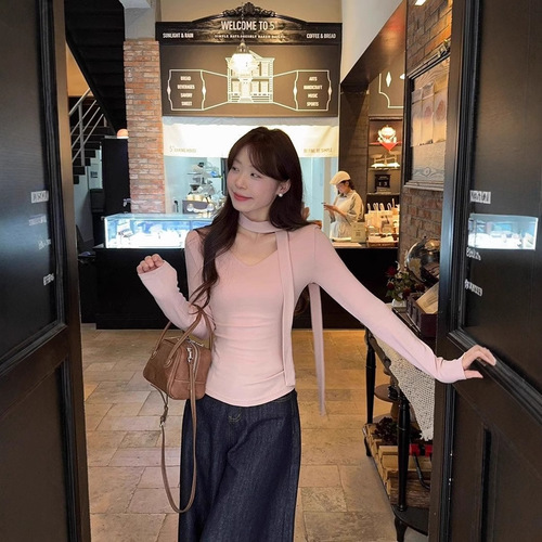 260g Fleece V-Neck Blouse with Fringe for Women, Fitted Fleece Layering Top, Crew Neck T-Shirt, Apricot Pink