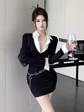 纯欲风辣妹假两件衬衫裙女秋季御姐修身包臀针织长袖连衣裙