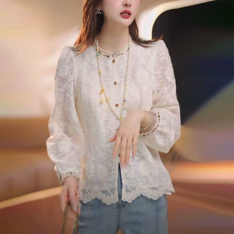 春季新中式国风小衫2025蕾丝女高大码新款衬衫减龄蕾丝打底衫|undefined
