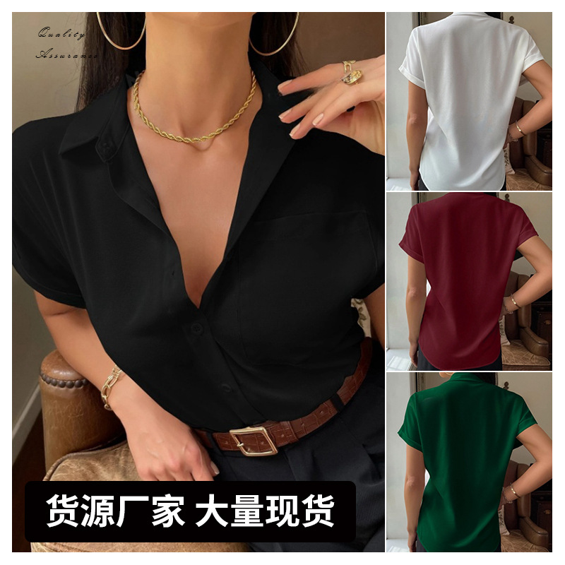 Camisa satinada con cuello en v para mujer, europea y americana, ropa de mujer transfronteriza, satén de color sólido de manga corta, nueva camisa satinada con botones casuales