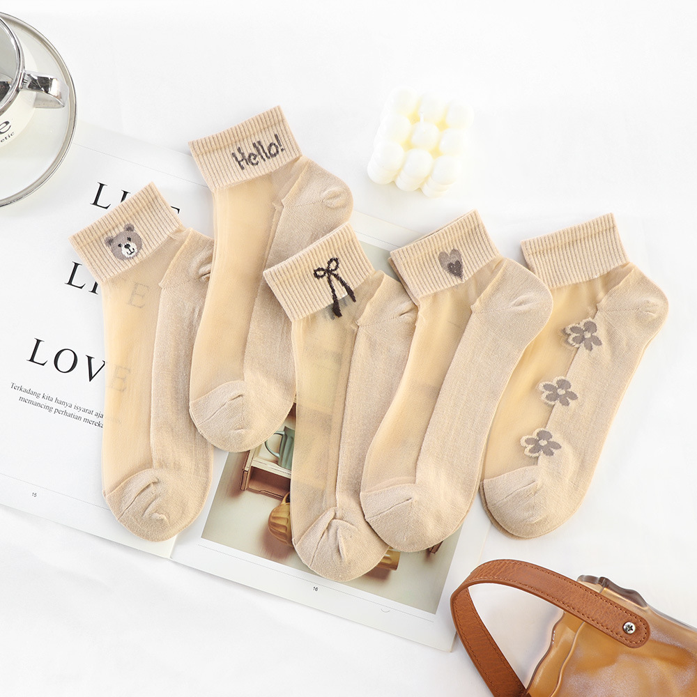 Socks Women's Summer Thin Fleshy Bear Crystal Silk Socks Moisture Absorbing Breathable Summer Cotton Bottom Socks